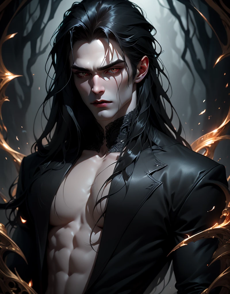 {anatomy}(Masterpiece - Ultra-detailed, very high resolution) Prepare to be enchanted by a true masterpiece that combines ultra-detailed art with high-resolution rendering. This work portrays a vampire man with long black hair (1.3) and captivating golden eyes (1.2), emanating an aura of mystery in decadent settings. The intricate details and realistic textures invite you to explore every aspect of this enchanting composition. Vampire man wearing black. Serious expressions. Pale skin like a vampire.
