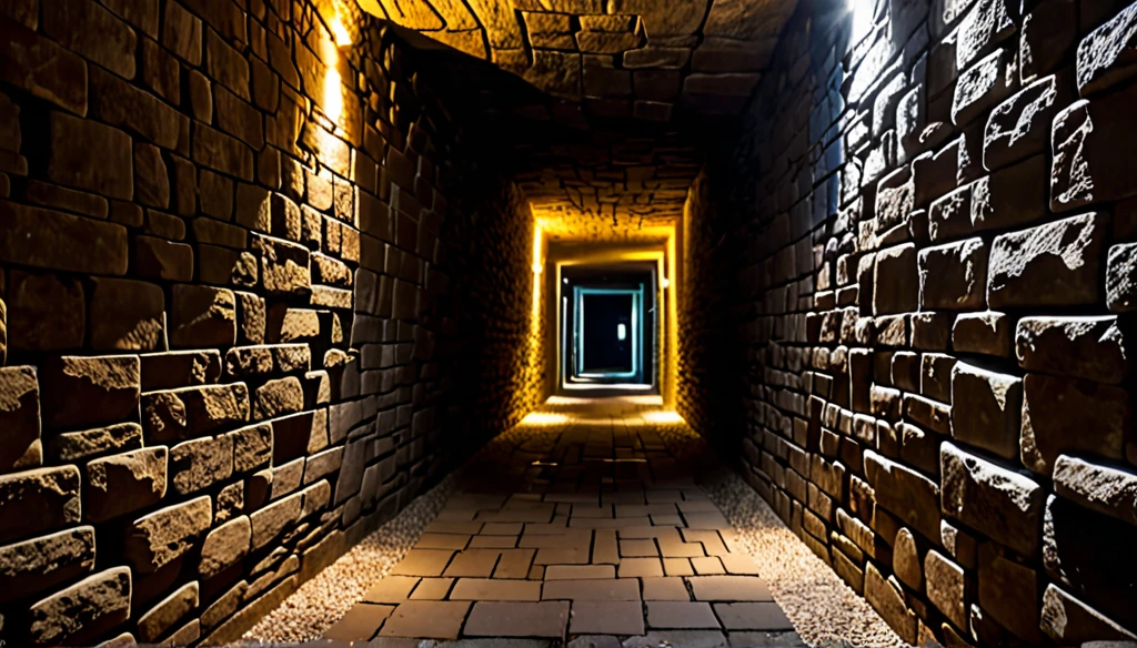 shadows passing through a labyrinthine passageway made of rough stone, night time
