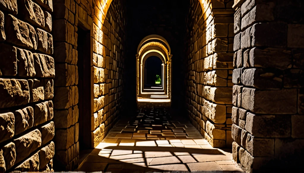 shadows passing through a labyrinthine passageway made of rough stone, night time