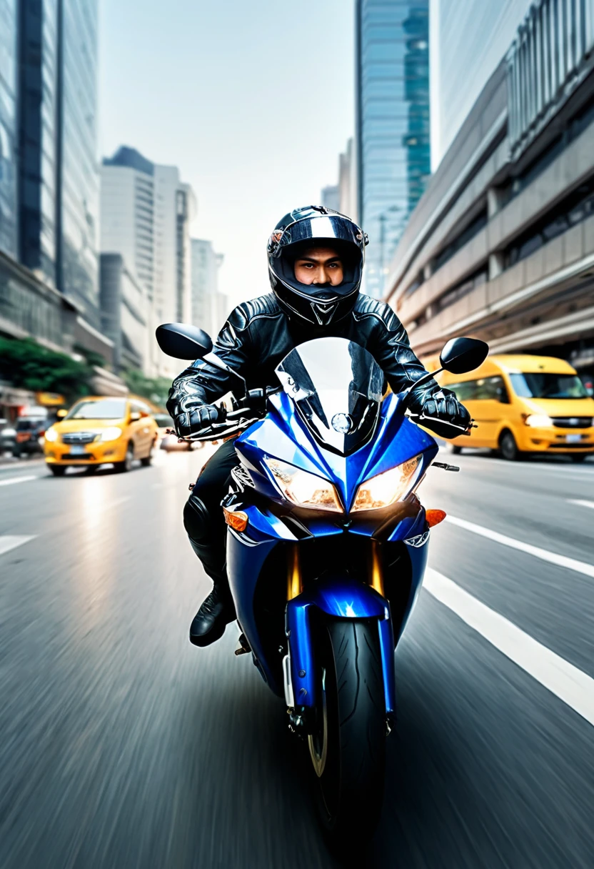 (Motorcycle), On the busy streets of the early morning, a commuter rode a practical motorcycle through the traffic, with the company logo on his helmet. The motorcycle became his best companion for daily commuting, set against the backdrop of the city's buildings and traffic flow, full body, (Photography), panoramic view, award-winning, cinematic still, emotional, vignette, dynamic, vivid, (masterpiece, best quality, Professional, perfect composition, very aesthetic, absurdres, ultra-detailed, intricate details:1.3)