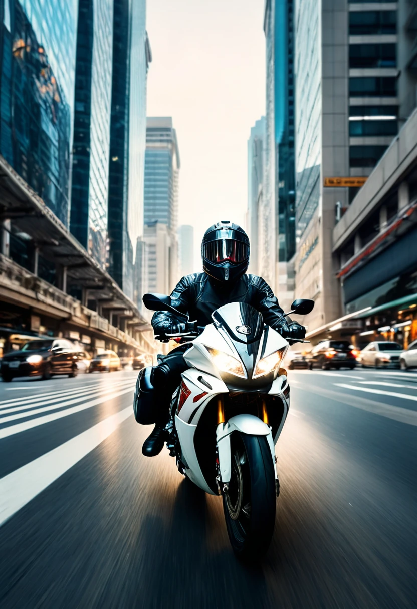 (Motorcycle), On the busy streets of the early morning, a commuter rode a practical motorcycle through the traffic, with the company logo on his helmet. The motorcycle became his best companion for daily commuting, set against the backdrop of the city's buildings and traffic flow, full body, (Photography), panoramic view, award-winning, cinematic still, emotional, vignette, dynamic, vivid, (masterpiece, best quality, Professional, perfect composition, very aesthetic, absurdres, ultra-detailed, intricate details:1.3)