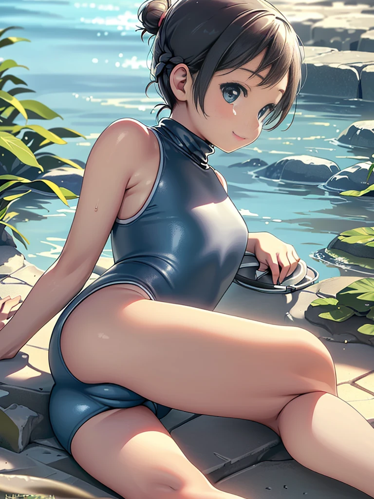 Highest quality, masterpiece, Ultra-high resolution, (Realistic:1.4), RAW Photos, Intricate details, Big beautiful eyes, Perfect contours, masterpiece, One Girl, ((Elementary school students)), Braided Bob, The chest is large, Competitive swimmer, (one piece, turtleneck,Sleeveless swimsuit), Clear metallic blue swimsuit:1.5, tight high leg swimsuit, ((side view:1.3, shoot from below:1.5)), Portraiture, View your viewers, Outdoor swimming pool, Partially submerged, Wet Skin, smile, (Underarm)