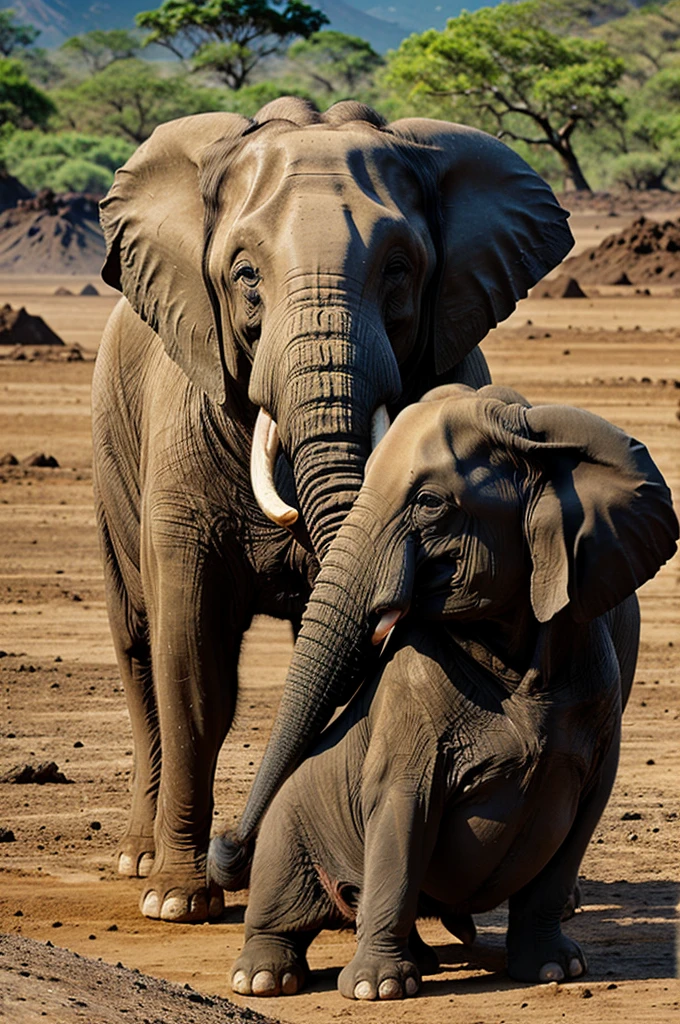 Body builder dog fight with elephant on volcano 
