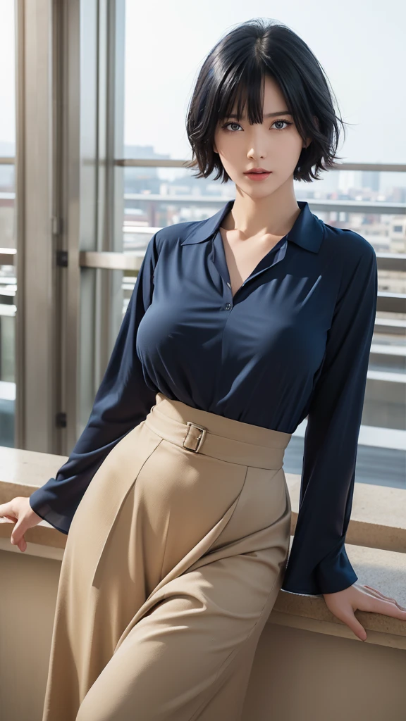 (masterpiece:1.2, Highest quality), (Realistic, photoRealistic:1.4), Beautiful illustrations, (Natural Side Lighting, Cinema Lighting), Browsing Caution, 
View your viewers, Panty shot, Front view:0.6, 1 Girl, Japanese, high school girl, Perfect Face, Cute and symmetrical face, Shiny skin, 
(short hair:1.2, Shaggy Cut:1.2, Dark blue hair), Hair between the eyes, Purple eyes, Droopy eyes, Long eyelashes, (Large Breasts:0.6), 
Beautiful Hair, Beautiful Face, Beautiful attention to detail, Beautiful clavicle, Beautiful body, Beautiful breasts, Beautiful thighs, Beautiful feet, 
((Symmetrical clothing, Dark blue blouse with polka dots, Beige culottes), Light blue striped panties with holes), Black socks, 
(Beautiful views), morning, School rooftop, Are standing, Guts pose with both hands, (Severe, Open your mouth), 