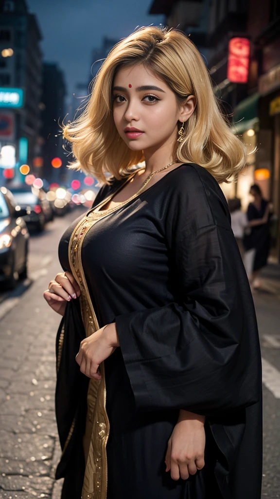 (((desi girl))), chubby face, huge breast, natural skin, wearing hot deep neck top and dupatta, charming black hair, ((hair ends are blonde)), city streets background, bokeh, perfect body, extremely gorgeous 