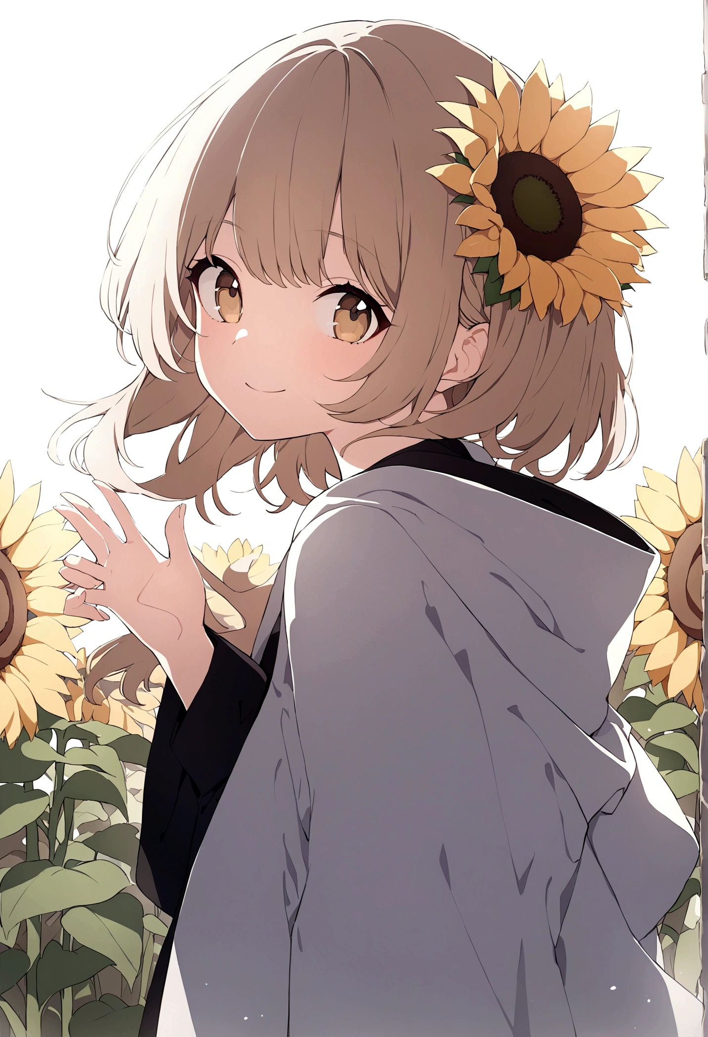 (masterpiece, 32k, 8k) a 17 year old girl, (looking at the sky with her hand stretched high), (profile angle), priestess overcoat, hood over her head, light brown hair, light brown eyes, (beautiful and heavenly face, cheerful smile 1.5), sunny sky, sunlight effect on the character, (sunflower field background)
