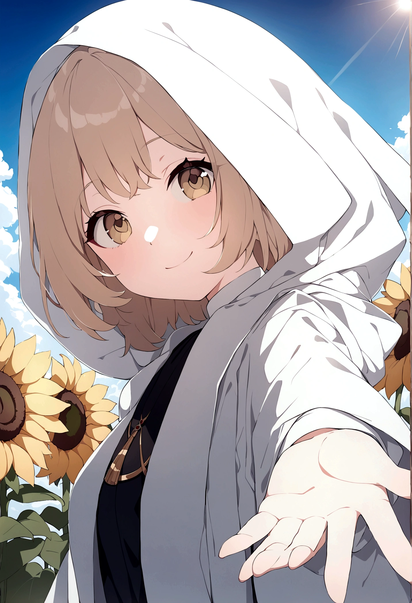 (masterpiece, 32k, 8k) a  girl, (looking at the sky with her hand stretched high), (profile angle), priestess overcoat, hood over her head, light brown hair, light brown eyes, (beautiful and heavenly face, cheerful smile 1.5), sunny sky, sunlight effect on the character, (sunflower field background)