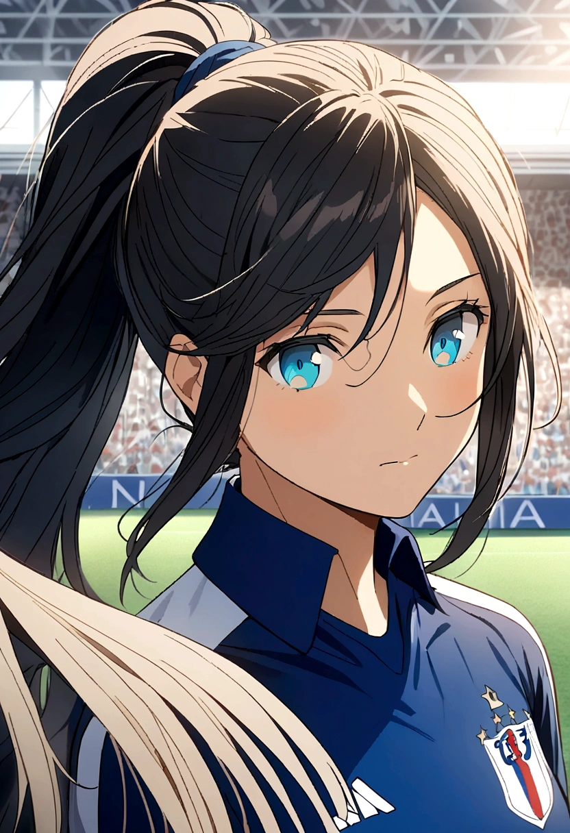 (anime,2D)Women,soccer player,black fur,wide,fringe,collected in a ponytail,clear skin,Light blue eyes,France national team clothing, In a soccer field.