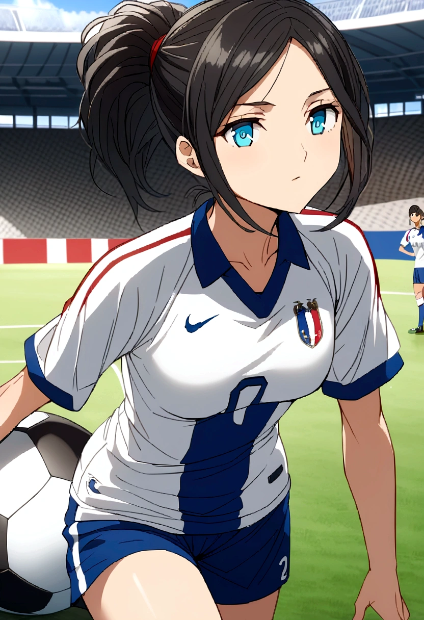 (anime,2D)Women,soccer player,black fur,wide,fringe,collected in a ponytail,clear skin,Light blue eyes,France national team clothing, In a soccer field.