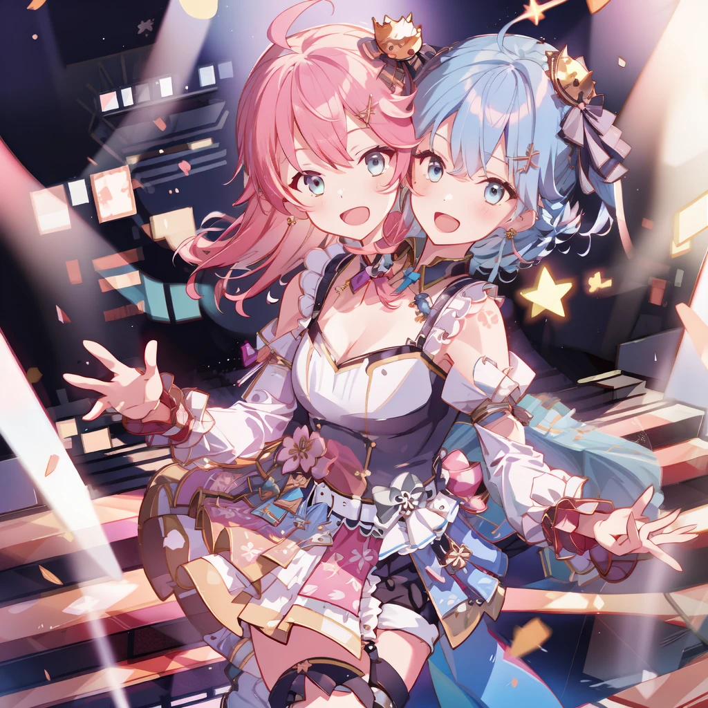 (masterpiece, best quality), best resolution, 16k, close-up, BREAK (2heads:1.5), ((cheek to cheek)), 1girl, solo, BREAK miko4, hololive idol uniform, sakura miko, idol clothes, green eyes, ahoge, pink hair, solo, x hair ornament, hairclip, single thighhigh, white gloves, long hair, floral print, bell, hair bell, cleavage, pink thighhighs, one side up, BREAK SuiseiStellar, long hair, half updo, tilted crown, white shrug \(clothing\), juliet sleeves, blue brooch, blue pinstripe shirt, blue vest, half gloves, blue shorts, half-skirt, o-ring thigh strap, single thigh boot, BREAK (standing, stand straight), look at viewer, (both hands above chest, perfect hands), ((cheek-to-cheek)), singing, open mouth, exciting, concert stage, starfield, spotlight, BREAK concert stage, spotlight