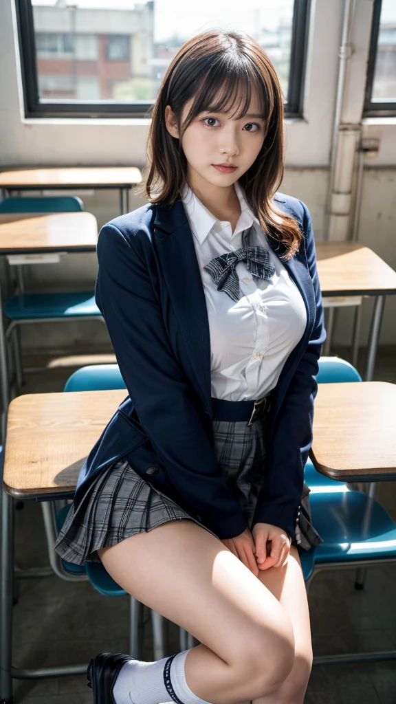 (8K, RAW Photos, Highest quality, masterpiece:1.2), (professional photography, full colors, studio-caliber color grading), (Gravure quality for high-end fashion magazines), (Details High quality, realistic depiction of eyes:1.3), from side, High School Classroom、High school girl uniform、blazer 、Super Short Check Uniform Skirt、Navy blue high socks、garterbelts、Colossal tits、Disturbed uniform, short hair, (wavy hair:1.2), short bob hair, black hair color, large breasts, Big Natural Color Lip, bold sexy pose, (perfect body shape), crying a little、cold gaze, Harajuku style、20 year old girl、cute type, beautiful legs, hposing Gravure Idol, Voluptuous thighs