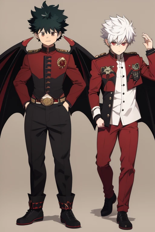 Izuku Midoriya character sheet from My Hero Academia, Vampire, incubus, red eyes and white hair, bat wings, black clothes, black steampunk pants, red shirt, black vest, pale skin. Looking directly at the viewer