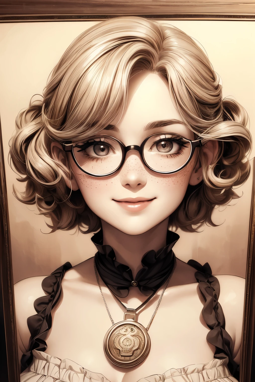 (masterpiece), best quality, expressive eyes, perfect face, Artwork, best quality, ultra-detailed, 1girl, short hair, 1930s vintage poster, monochrome dress, vintage color palette, curly hair, hand drawing art, dress with ruffles, smiling smile, freckles on face, cute smile, ((old photo effect)), large breasts, ((sepia effect)), breasts larger than head, ((portrait in a medallion)), ((locket)), ((pic in locket)), pov hands, ((portrait in round medallion)), photo of a woman in a locket, drawning concept design, signature at the bottom of the photo, Initials T.J in signature, face profile photography, round glasses, flashy neckline, face profile photography, lipstick in pic