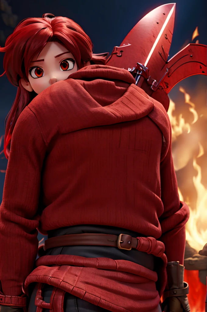 create an anime character with a red sword a mask and make the detailed background red