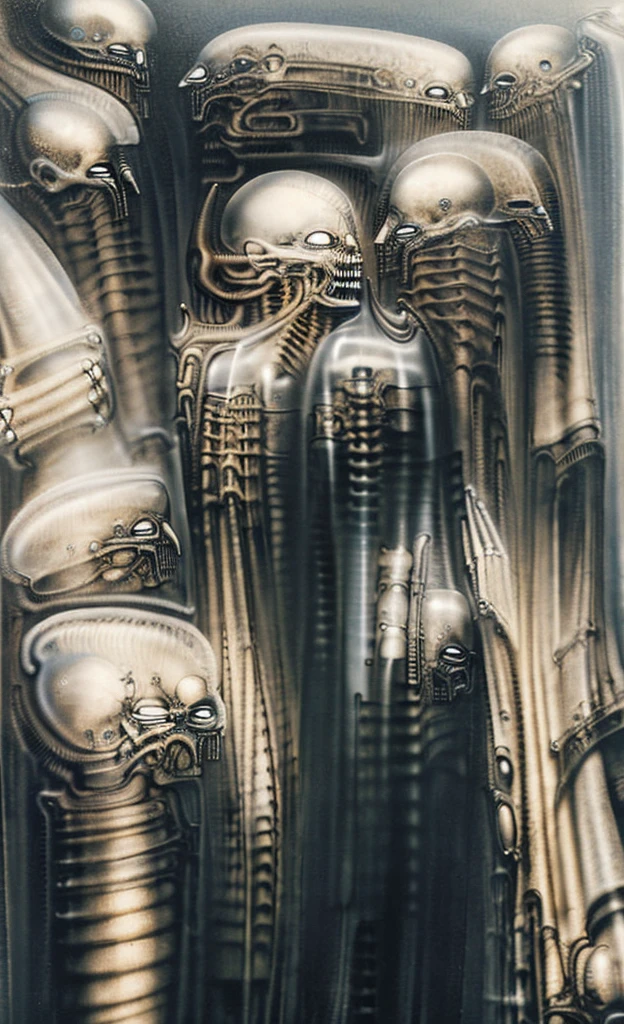 

g1g3r, 0f1g, Giger_style, Giger_style, The image is a detailed view of H.R. Giger's \" biomechanical landscape V\" plate, 

 The tableau depicts a close-up of a group of ivory objects resembling skulls and skeletons, some of which have signs of decay.

The painting is a nightmarish biomechanical scene. In the center of the composition is a chessboard with several chess pieces scattered around it. The background is filled with biomechanical pipes and tubes. The overall feel is one of decay and desolation.
Giger’s signature artistic style, biomechanical surrealism, is on full display in this piece. Biomechanical surrealism combines human anatomy with machines. The skeletal figures in the painting are fused with mechanical parts, creating a disturbing and unsettling effect.
Here’s a more detailed description of the composition:
In the center foreground is a metallic chessboard with several metallic chess pieces scattered around it.
To the right of the chessboard is a skeletal figure hunched over tribune. 
The art performance showcases the artist’s skills in observation and rendering. The level of detail in the piece suggests a close study of real bone specimens and anatomy. The artist has skillfully used shading techniques to create a convincing illusion of three-dimensionality on a flat surface.The wrinkles and cracks in the surface, and the cast shadows with accuracy, used shading techniques to create a realistic depiction of light and shadow on the objects. This creates a sense of depth and dimension in the image

The style  is clearly biomechanical. Features combination of organic and mechanical forms. Mechanical elements dominate the composition, there are subtle organic hints. The use of undersaturated purple-grays dark contrasts creates a stark and graphic look. Is used a variety of linework techniques to create different textures. Fine, parallel lines create a smooth, metallic texture,while thicker, more cursive lines suggest cables or wires. Machine fills mo