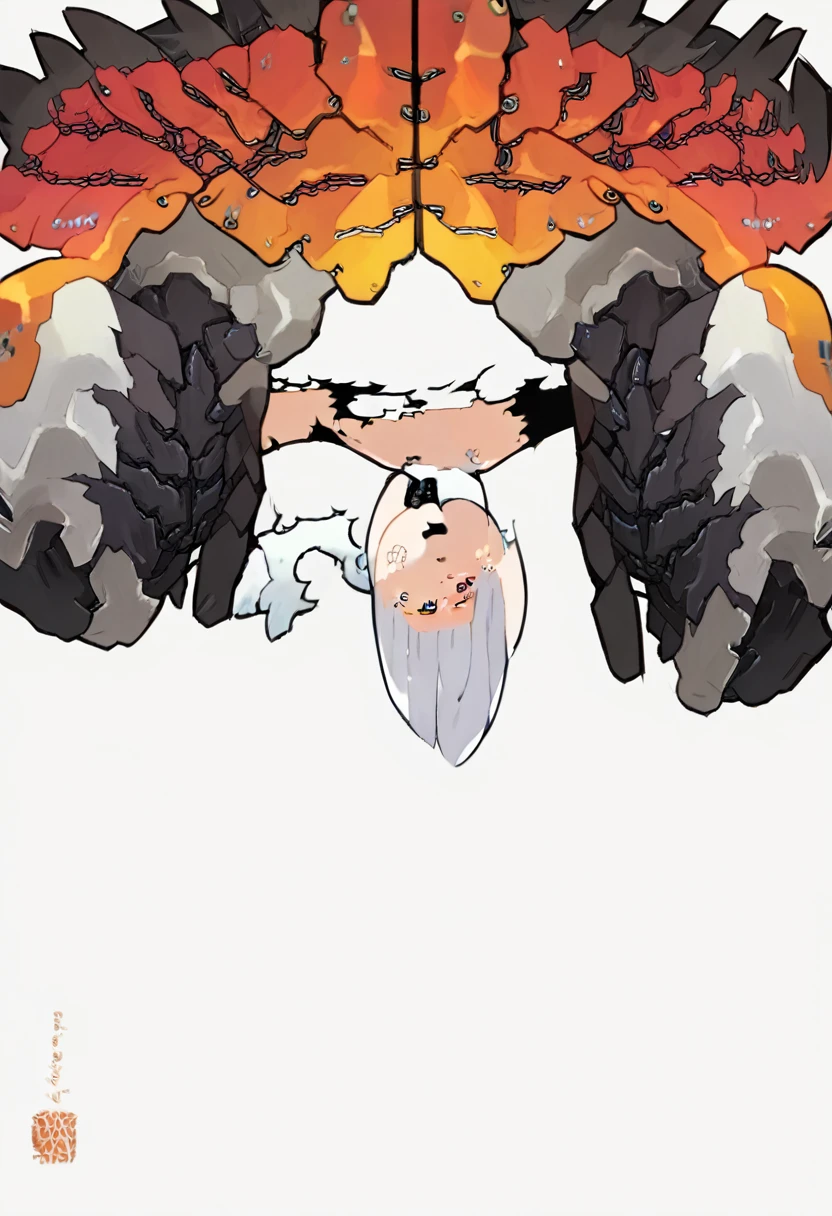 Sex, insect rapes girl, girl stuck in a web, White hair, black red eyes, semi nude, torn clothes, cheerful