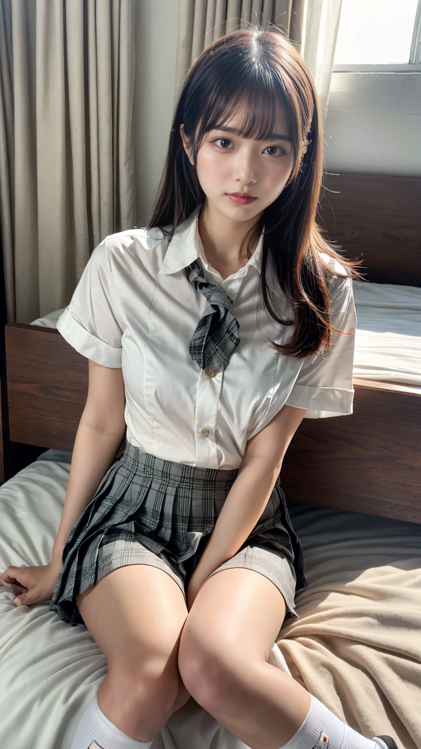 (8K, RAW Photos, Highest quality, masterpiece:1.2), (professional photography, full colors, studio-caliber color grading), (Gravure quality for high-end fashion magazines),  BREAK,18 year old girl, (boyish:1.15), (mannish:1.1), Big Natural Color Lip, Plumpy body, (smooth skin:1.1), (huge breasts:1.0),  BREAK (school uniform:1.2), ((loose style, tucked out tops):1.2), (fusion of oversized white tunic and white collared-shirt with untucked:1.4), (short sleeve:1.3), (button-up:1.4), (black and gray plaid pattern pleated mini skirt:1.2), (thigh skin:1.4), (socks:1.2), (loafers:1.1), BREAK hotel room