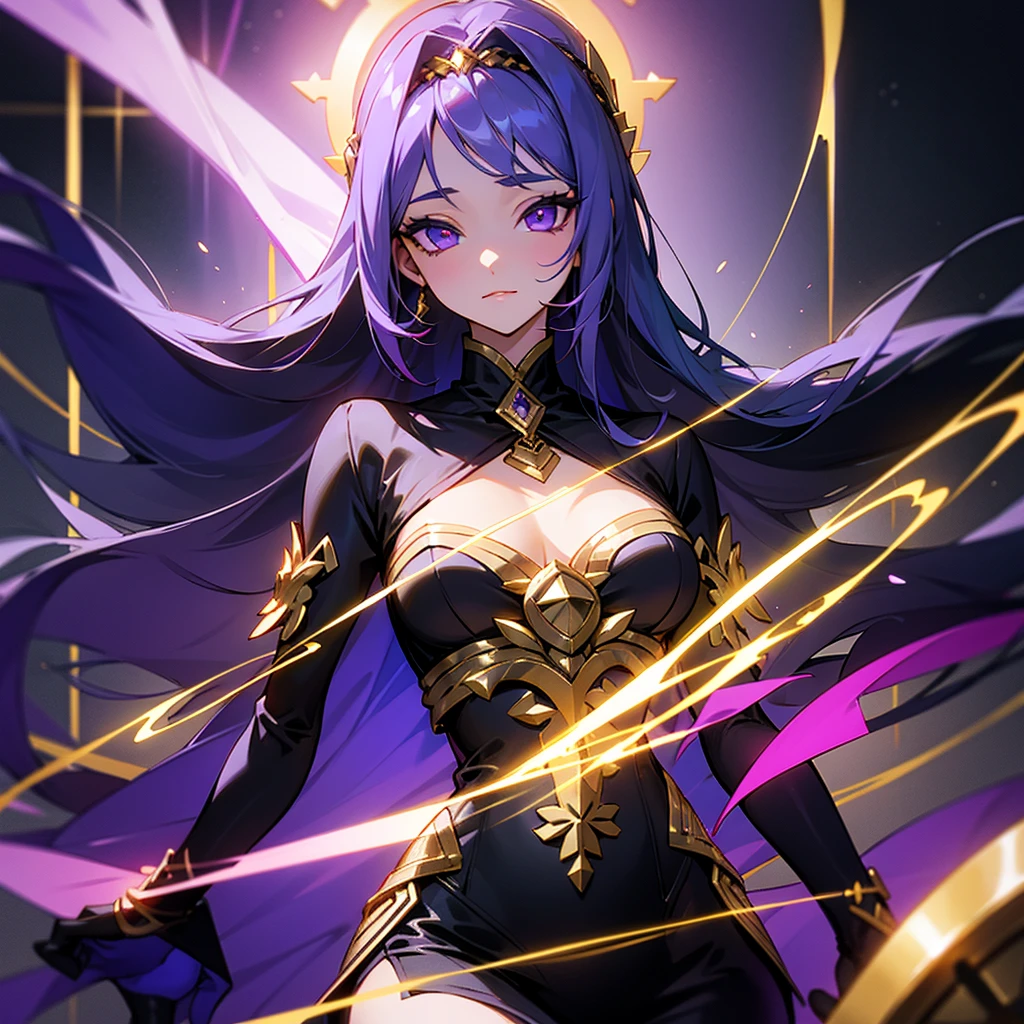 A goddess Perry with her having black clothes with some purple details and some gold details with lights around her 