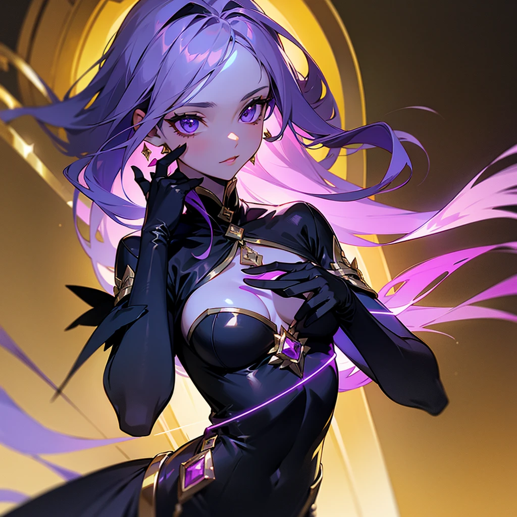 A goddess Perry with her having black clothes with some purple details and some gold details with lights around her 