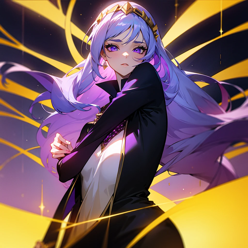 A goddess Perry with her having black clothes with some purple details and some gold details with lights around her 