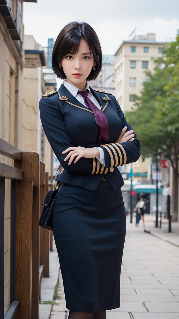 (masterpiece:1.3), (Confused:1.3), (Highest quality:1.3),Perfect Anatomy,Detailed face,steampunk, Victorian era,Hongkong,Horizontal Angle,hand,View your viewers, (Very detailed:1.3),(Best Shadow:0.7), alone,1 middle-aged woman,Saggy breasts,(Processed hair), Angled bob cut,Beautiful Eyes, Beautiful Eyes, 1 middle-aged woman, Naval officer,alone, Are standing, Crystal Earrings,Closed_mouth, arm_behind_return, (Navy uniform,Pencil Skirt,tie), Take a break outdoors, intimidating pose,Cowboy Shot