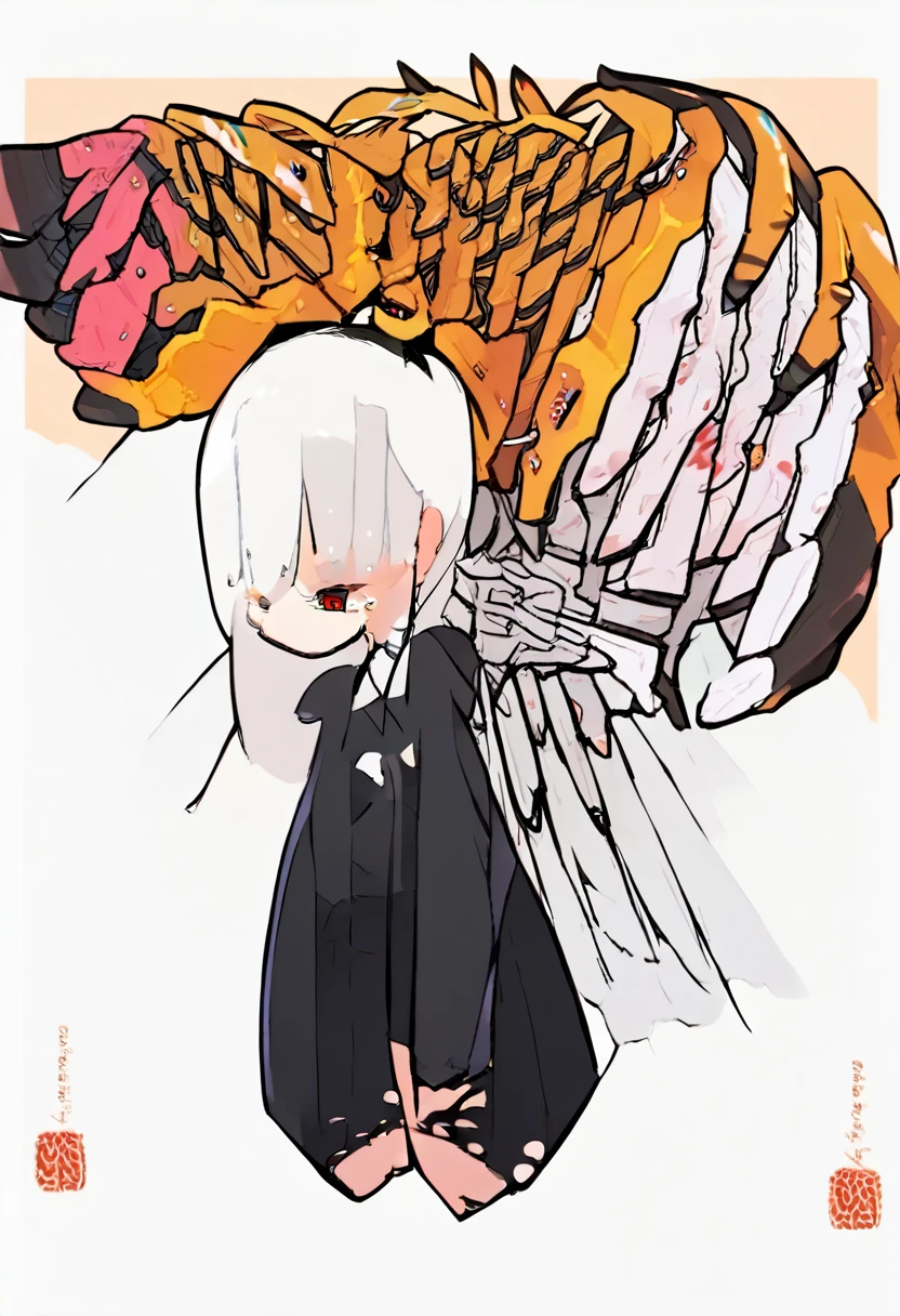 Sex, insect rapes girl, girl in the web, White hair, black red eyes, semi nude, torn clothes, cheerful