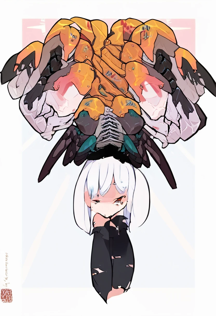 Sex, insect rapes girl, girl in the web, White hair, black red eyes, semi nude, torn clothes, cheerful
