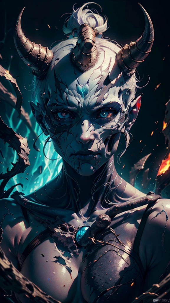 a completely white demonic creature, men monster, large multicolored eyes, bald head, skull covered with small horns, (best quality,4k,8k,highres,masterpiece:1.2),ultra-detailed,(realistic,photorealistic,photo-realistic:1.37),HDR,UHD,studio lighting,ultra-fine painting,sharp focus,physically-based rendering,extreme detail description,professional,vivid colors,bokeh,dynamic point of view,cinematographic scene,highlighted character,backlight effects,mystical character,multicolored cracks on the skin,character seen in full