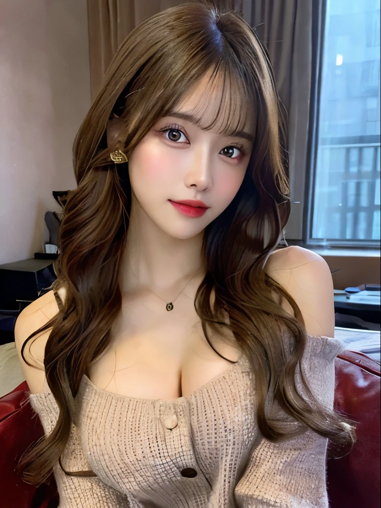 best qualtiy,tmasterpiece,超A high resolution,(realisticlying:1.4),
1girll long curly hair,Rich in detail, shoulder,cleavage,Knitwear, Deep shading, messy room, sit pose, Sitting on an object,