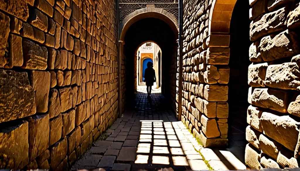 the shadow of a person passing through a labyrinthine passage made of rough stone