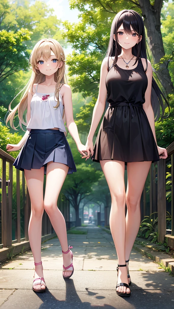 A very beautiful 21-year-old mother and her very cute 10-year-old daughter are having a fun walk in the park、Tank top、mini skirt、Long Hair、Slim body、Beautiful legs、Beautiful body、high resolution、8K、(smile)