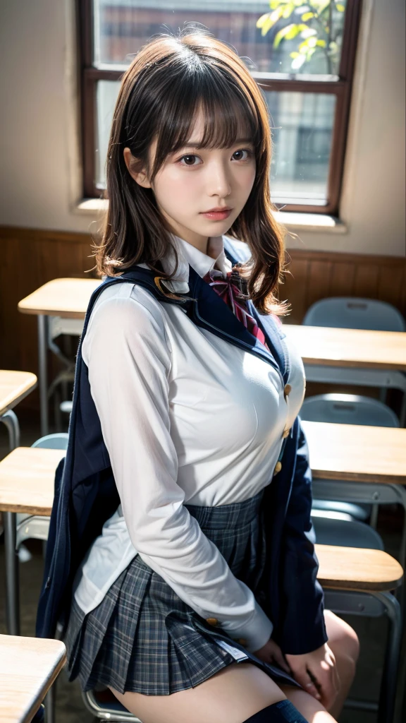 (8K, RAW Photos, Highest quality, masterpiece:1.2), (professional photography, full colors, studio-caliber color grading), (Gravure quality for high-end fashion magazines), (Details High quality, realistic depiction of eyes:1.3), from side, High School Classroom、High school girl uniform、blazer 、Super Short Check Uniform Skirt、Navy blue high socks、garterbelts、Colossal tits、Disturbed uniform, short hair, (wavy hair:1.2), short bob hair, black hair color, large breasts, Big Natural Color Lip, bold sexy pose, (perfect body shape), crying a little、cold gaze, Harajuku style、20 year old girl、cute type, beautiful legs, hposing Gravure Idol, Voluptuous thighs
