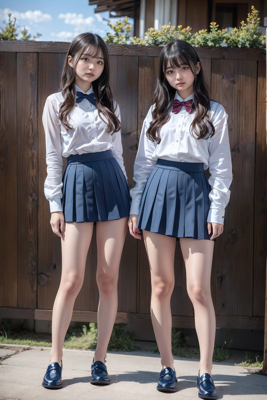 Ultra-high resolution, Realistic, Very detailed, Golden Ratio, Highest quality, (女子高校生2人がこちらを向いてAre standing全身ショット), Japanese high school girls, (promotional photoshoot), (Are standing), They stand on the floor wearing high heel loafers, (Two beautiful high school girls with exemplary figures), Beautiful Face, (Realisticな face), (Blondeのショートカット:1.3), Japanese Blonde, Blonde, short hair, Black Hair Band, Glare, Frowning, Drooling, Long Tongue, Verbal invitation, compensate, Frowning, Frowningをする, Surrealism, First Person View, First Person View, Wide-angle, Ultra-high resolution, Anatomically correct, Super detailed, 16K, (Two beautiful high school girls, Standing side by side), They both wear the same uniform, (She is wearing a navy blue mini uniform..), (Not exposed), Not see-through, (F Cup Big:1.3), Cleavage,  (Realisticなシャツとスカートの制服), Narrow waist, (The pleated mini skirt is very short:1.4), (wide thighs and long legs:1.5), (Seamless black stockings:1.3),(wide thighs), (Very long legs), They both always wear black stockings., (Thighs in shiny black stockings), (The black stockings have no pattern.), (Wearing brown high heel loafers), Accurate high heels