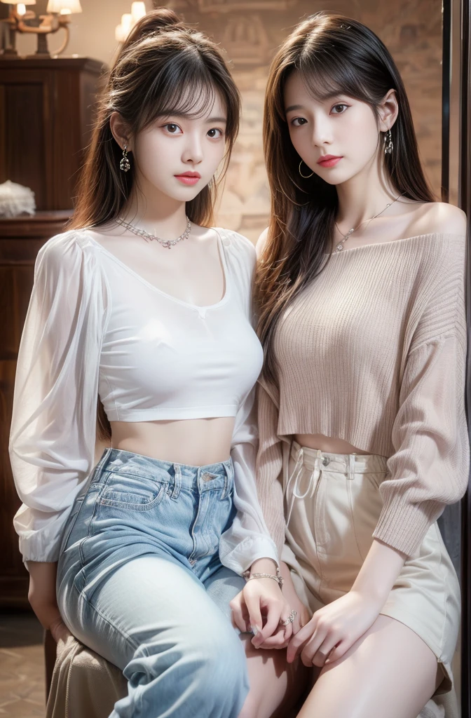 practicalphotography，22 years old，portrait，full Body，Korean，（stand、Mature：1.3），2 girl，beautiful girl，arrogant，（necklace、earrings、bracelet：1.1），（Environmental details：1.3），（Original image、CG Unity、photography、Ultra-practical details、Clear focus、Delicate skin、4K、high resolution、masterpiece、Best quality、practical、Energetic：1.2），（8K、4K、Ultra-high quality、high resolution、major、ish、dramatic），Detailed home background