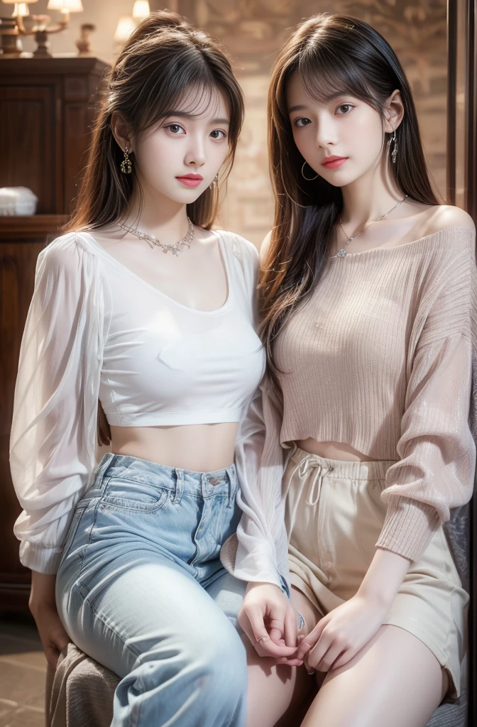practicalphotography,22 years old,portrait,full Body,Korean,(stand、Mature:1.3),2 girl,beautiful girl,arrogant,(necklace、earrings、bracelet:1.1),(Environmental details:1.3),(Original image、CG Unity、photography、Ultra-practical details、Clear focus、Delicate skin、4K、high resolution、masterpiece、Best quality、practical、Energetic:1.2),(8K、4K、Ultra-high quality、high resolution、major、ish、dramatic),Detailed home background