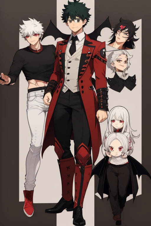 Izuku Midoriya character sheet from My Hero Academia, Vampire, incubus, red eyes and white hair, bat wings, black clothes, black steampunk pants, red shirt, black vest, pale skin. Looking directly at the viewer