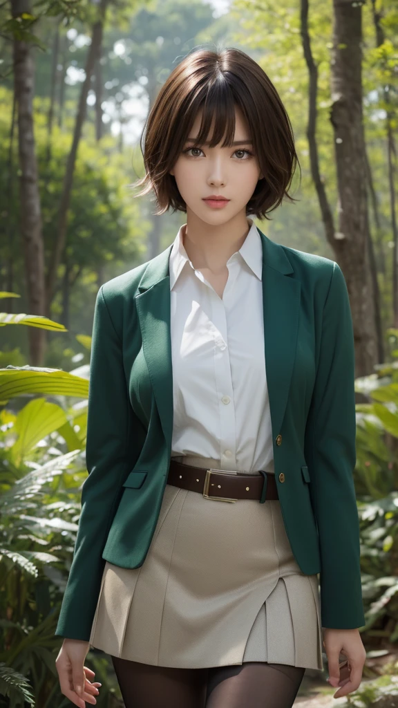 masterpiece, Highest quality, Super detailed, Brown jacket, Long sleeve, Thighsストラップ, White shirt, uniform, belt, black_pencil_skirt, pantyhose, Thighsストラップ, Thighs, Blonde, Green Eyes, bangs, Wavy short hair, (Hair between the eyes:1.3), Forest Background, Volumetric lighting, Intricate details, Tone Mapping, Sharp focus, Super detailed, Trending on Art Station
