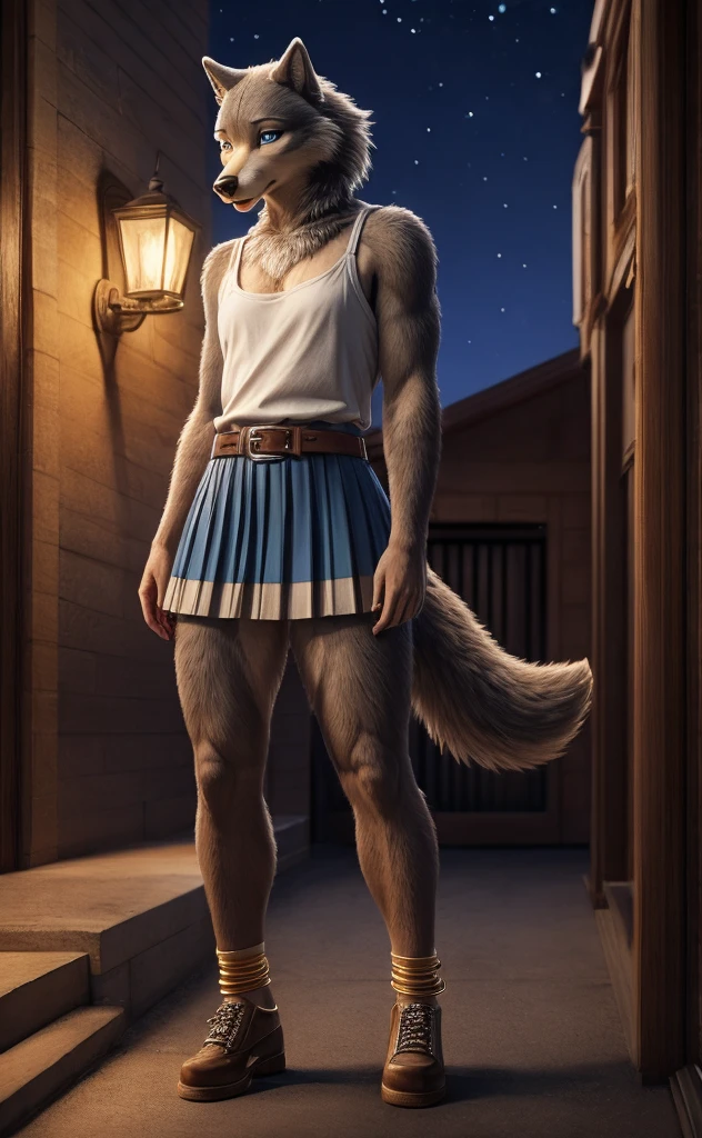 Juno is a gray wolf with curled brown fur and blue eyes. She is wearing her a long pleated white skirt decorated with two light blue horizontal lines near the hem, a thin tan belt, white anklet socks, and black Mary Jane shoes. anthro wolf, female, adult, brown fur, buffed body, tail, sexy, beefy body, furred body, furry chest hair, realistic, full body, photorealistic, ultra realistic, 8k, night, bare-chested