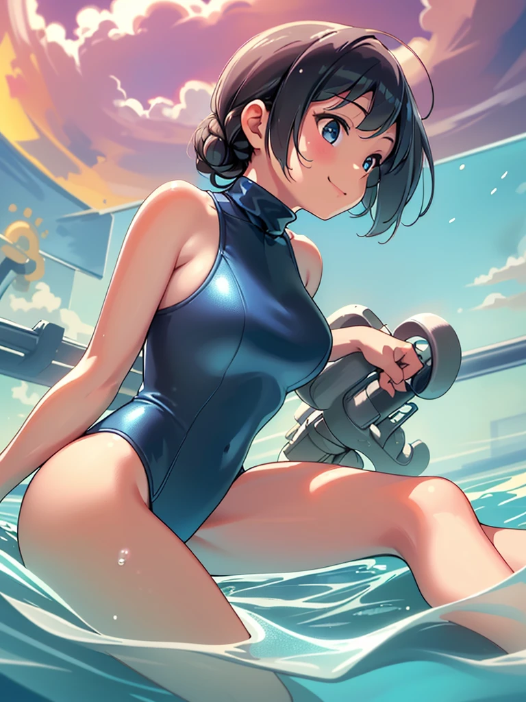 Highest quality, masterpiece, Ultra-high resolution, (Realistic:1.4), RAW Photos, Intricate details, Big beautiful eyes, Perfect contours, masterpiece, One Girl, ((Elementary school students)), Braided Bob, The chest is large, Competitive swimmer, (one piece, turtleneck,Sleeveless swimsuit), Clear metallic blue swimsuit:1.5, 　tight high leg swimsuit, ((side view:1.3, shoot from below:1.5)), Portraiture, View your viewers, Outdoor swimming pool, Partially submerged, Wet Skin, smile, (Underarm)
