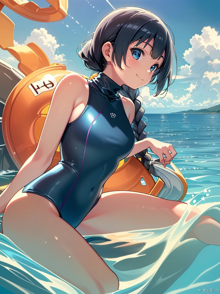 Highest quality, masterpiece, Ultra-high resolution, (Realistic:1.4), RAW Photos, Intricate details, Big beautiful eyes, Perfect contours, masterpiece, One Girl, ((Elementary school students)), Braided Bob, The chest is large, Competitive swimmer, (one piece, turtleneck,Sleeveless swimsuit), Clear metallic blue swimsuit:1.5, tight high leg swimsuit, ((side view:1.3, shoot from below:1.5)), Portraiture, View your viewers, Outdoor swimming pool, Partially submerged, Wet Skin, smile, (Underarm)
