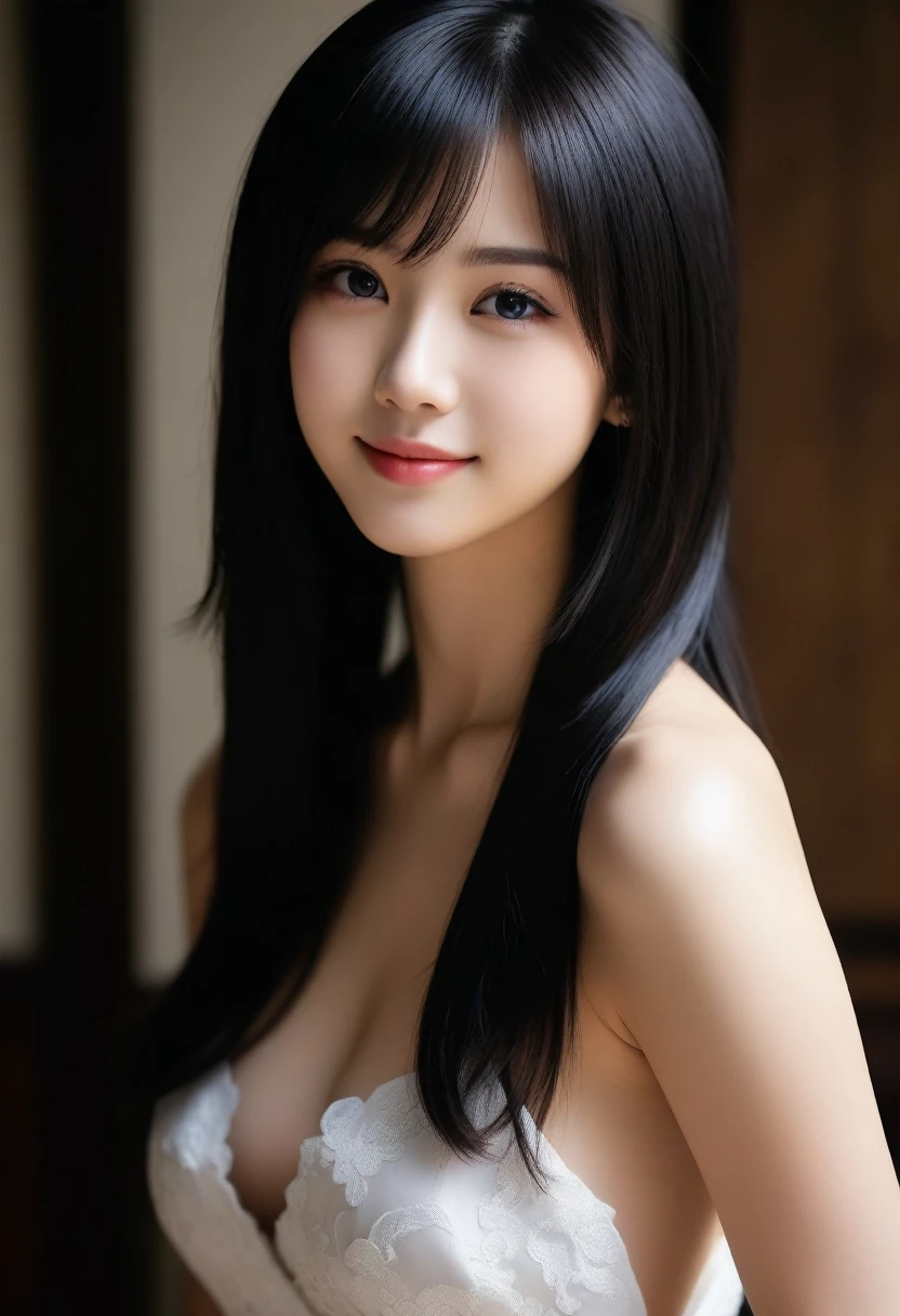 8K, Ultra-high resolution, Highest quality, masterpiece, 三分割法によるphotograph,Surreal, photograph, 1 Girl, (:1.3), pretty girl, Cute face, Beautiful eyes in every detail, 細かくdetailedに,masterpiece,, One Girl:1.2, Japan Female Announcer,whole body, Long dress,Deep side slits,Black high heels、Beautiful leg line beauty,Captivating thighs,A carefree smile,Heal the heart,Black Hair,Long Straight Hair,Looking at the audience、beauty,Long neck、Laugh a little、Please close your mouth and laugh、(((Ideal body type))),A cup small breasts :2,、Portraiture:2、Perfect Anatomy、鮮明なdetailed、detailed、Surreal、Light and shadow,Strong light