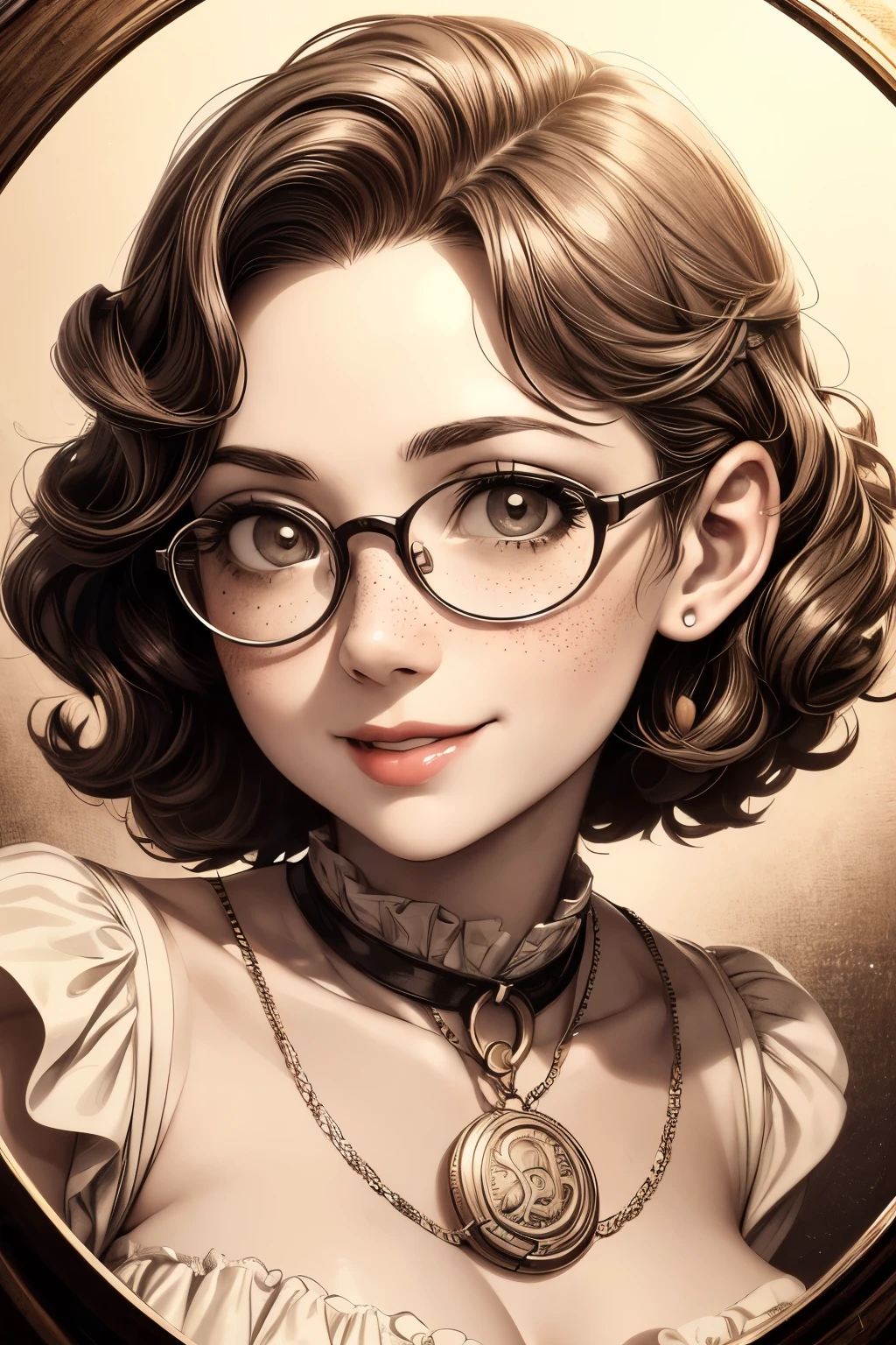 (masterpiece), best quality, expressive eyes, perfect face, Artwork, best quality, ultra-detailed, 1girl, short hair, 1930s vintage poster, monochrome dress, vintage color palette, curly hair, hand drawing art, dress with ruffles, smiling smile, freckles on face, cute smile, ((old photo effect)), large breasts, ((sepia effect)), breasts larger than head, ((portrait in a medallion)), ((locket)), ((pic in locket)), pov hands, ((portrait in round medallion)), photo of a woman in a locket, drawning concept design, signature at the bottom of the photo, Initials T.J in signature, face profile photography, round glasses, flashy neckline, face profile photography, lipstick in pic