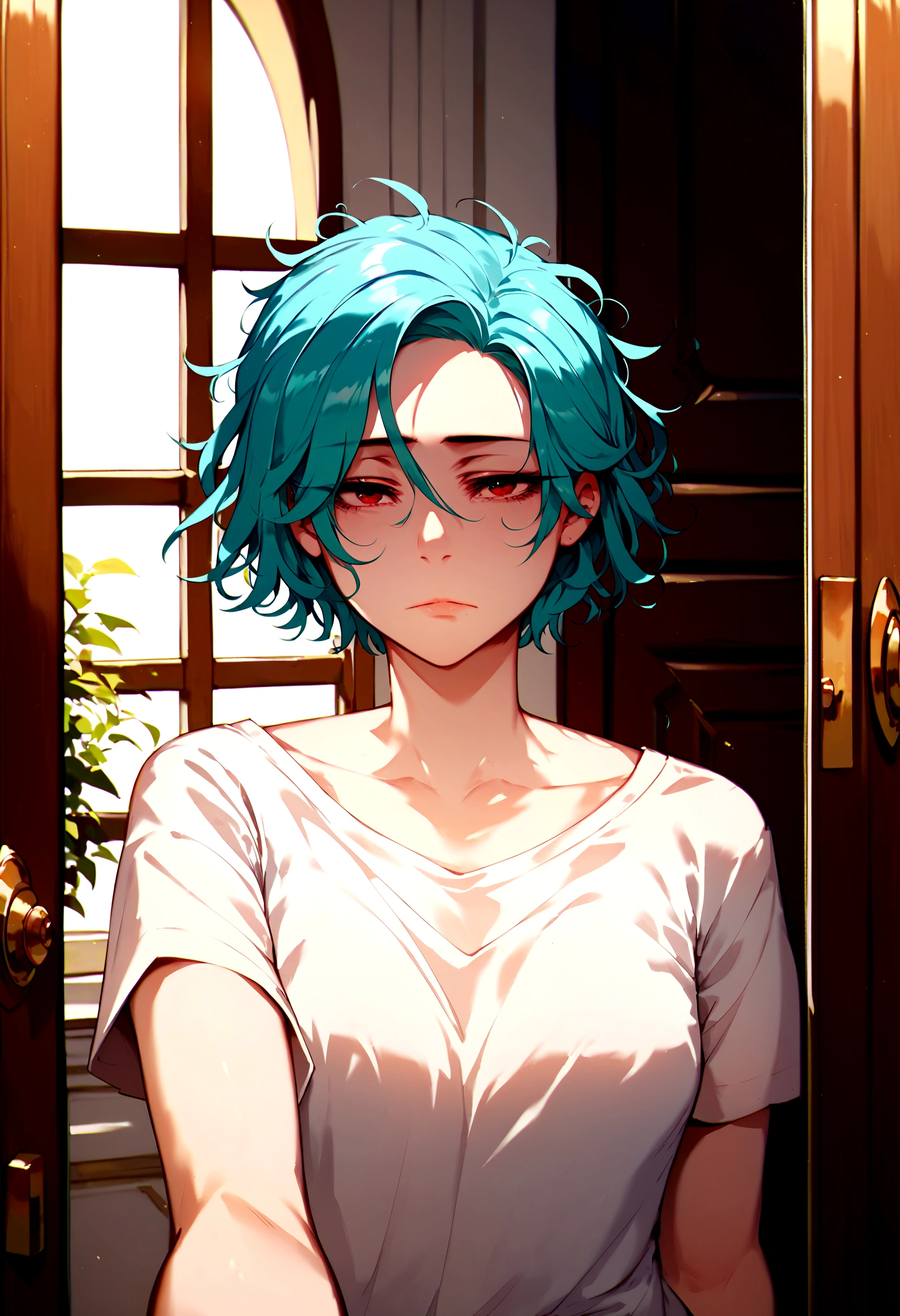 score_9, score_8_up, score_7_up, (high res, best quality, masterpiece), 1woman, female focus, closeup, (cyan hair, short hair, messy hair, beautiful red eyes), looking at viewer, upper body, tired, in doorway, pov, half-on large t-shirt, one open shoulder, dimlit