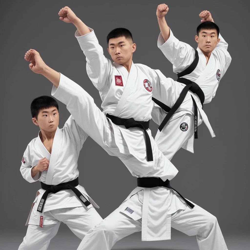 A man wearing a karate uniform、White uniform、Black Belt、Standing upright with legs apart、Spread your arms in the air