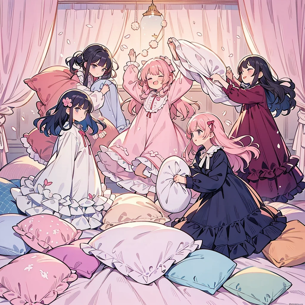 Happy girls in pajamas fighting with pillows 。Many small feathers fluttering、Long sleeve, Long skirt nightgown with ruffles and ribbons、In a huge, Large canopy bed、Soft pink sheets and quilt、Colorful soft pillows、Lots of frilly pillows and a frilly bed skirt、Soft toned bed、Ruffled curtains around the bed.。Delicate face。Background with depth,