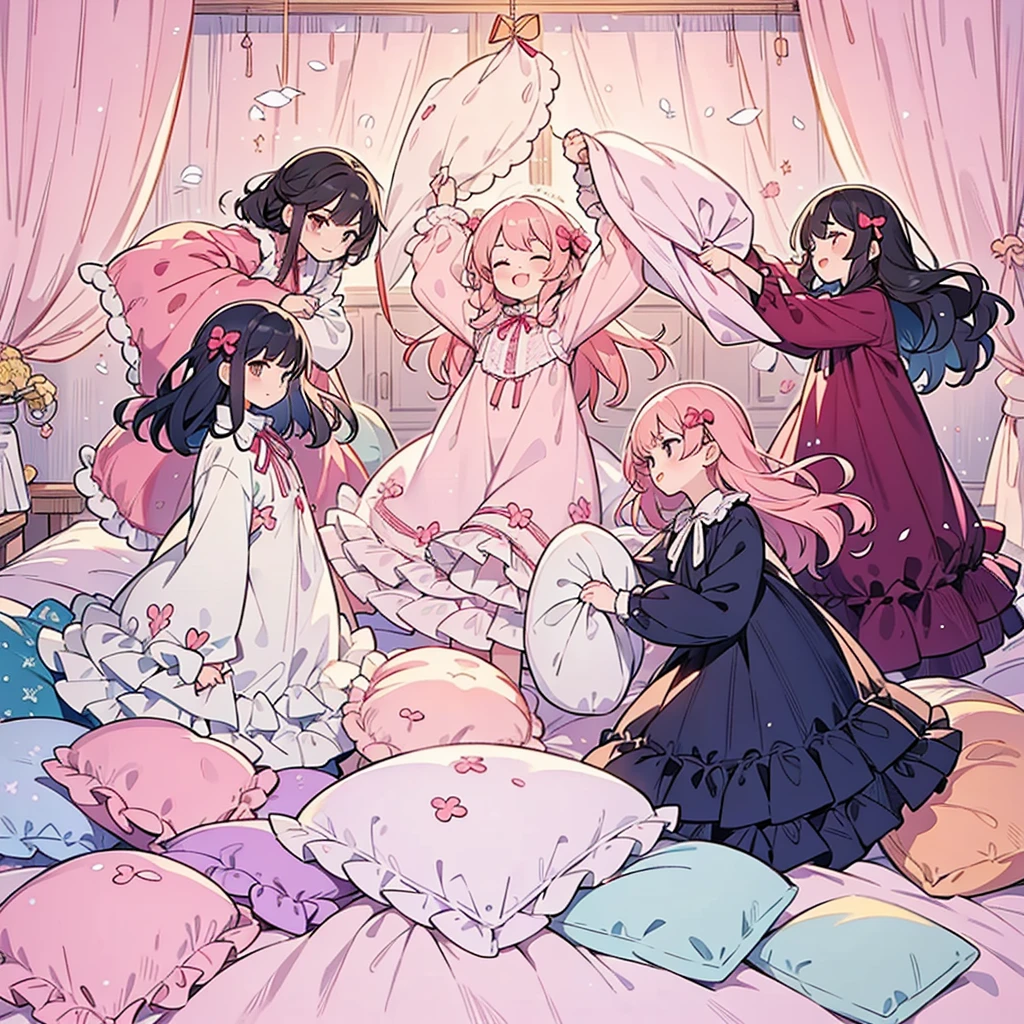 Happy girls in pajamas fighting with pillows 。Many small feathers fluttering、Long sleeve, Long skirt nightgown with ruffles and ribbons、In a huge, Large canopy bed、Soft pink sheets and quilt、Colorful soft pillows、Lots of frilly pillows and a frilly bed skirt、Soft toned bed、Ruffled curtains around the bed.。Delicate face。Background with depth,