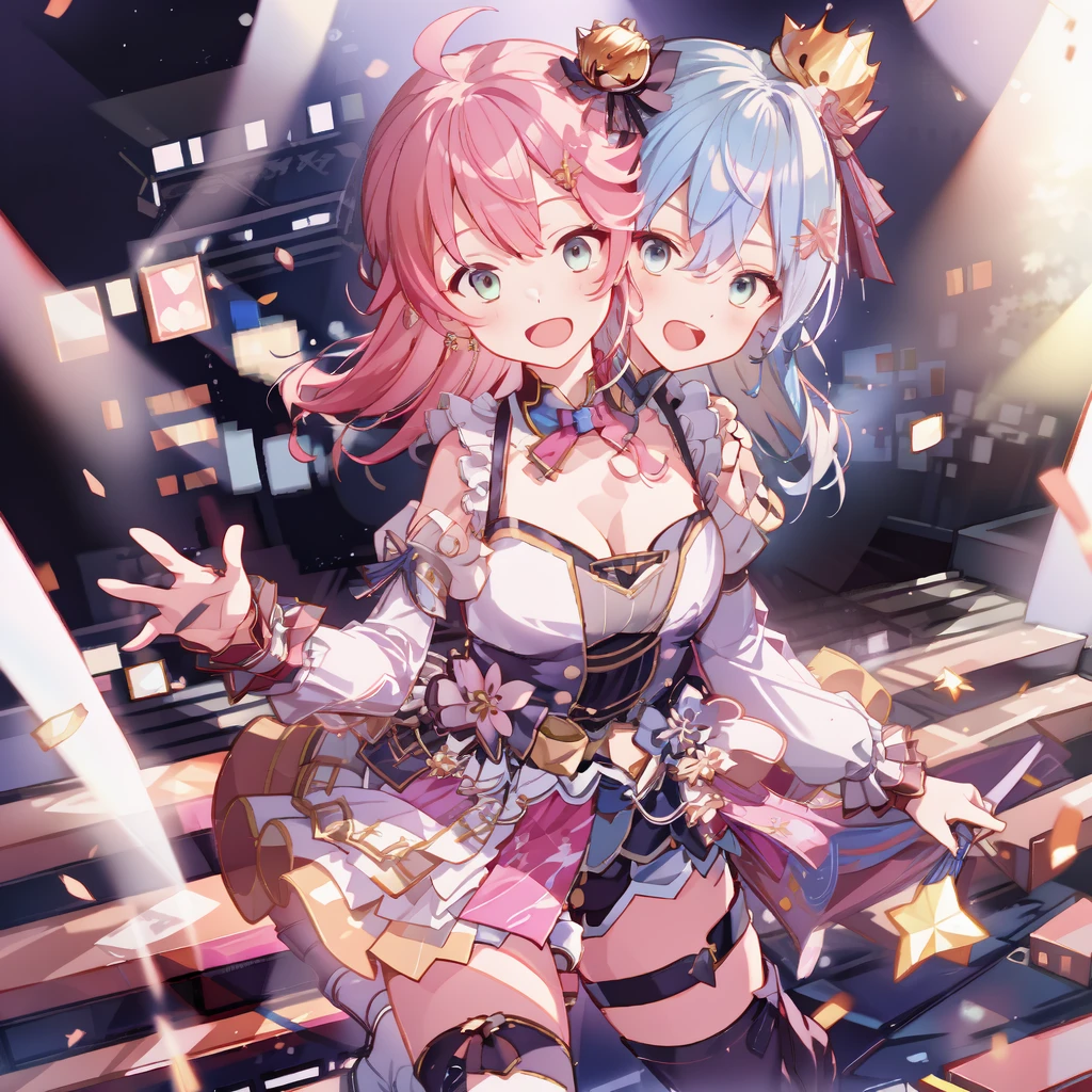 (masterpiece, best quality), best resolution, 16k, close-up, BREAK (2heads:1.5), ((cheek to cheek)), 1girl, solo, BREAK miko4, hololive idol uniform, sakura miko, idol clothes, green eyes, ahoge, pink hair, solo, x hair ornament, hairclip, single thighhigh, white gloves, long hair, floral print, bell, hair bell, cleavage, pink thighhighs, one side up, BREAK SuiseiStellar, long hair, half updo, tilted crown, white shrug \(clothing\), juliet sleeves, blue brooch, blue pinstripe shirt, blue vest, half gloves, blue shorts, half-skirt, o-ring thigh strap, single thigh boot, BREAK (standing, stand straight), look at viewer, (both hands above chest, perfect hands), ((cheek-to-cheek)), singing, open mouth, exciting, concert stage, starfield, spotlight, BREAK concert stage, spotlight