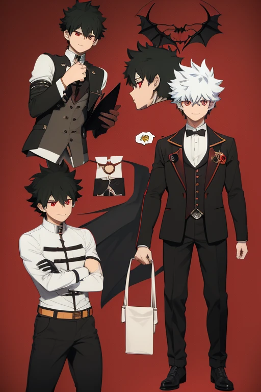 Izuku Midoriya character sheet from My Hero Academia, Vampire, incubus, red eyes and white hair, bat wings, black clothes, black steampunk pants, red shirt, black vest, pale skin. Looking directly at the viewer