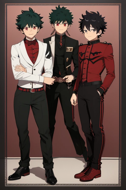 Izuku Midoriya character sheet from My Hero Academia, Vampire, incubus, red eyes and white hair, bat wings, black clothes, black steampunk pants, red shirt, black vest, pale skin. Looking directly at the viewer