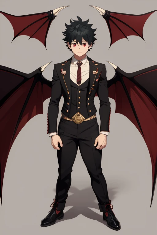 Izuku Midoriya character sheet from My Hero Academia, Vampire, incubus, red eyes and white hair, bat wings, black clothes, black steampunk pants, red shirt, black vest, pale skin. Looking directly at the viewer
